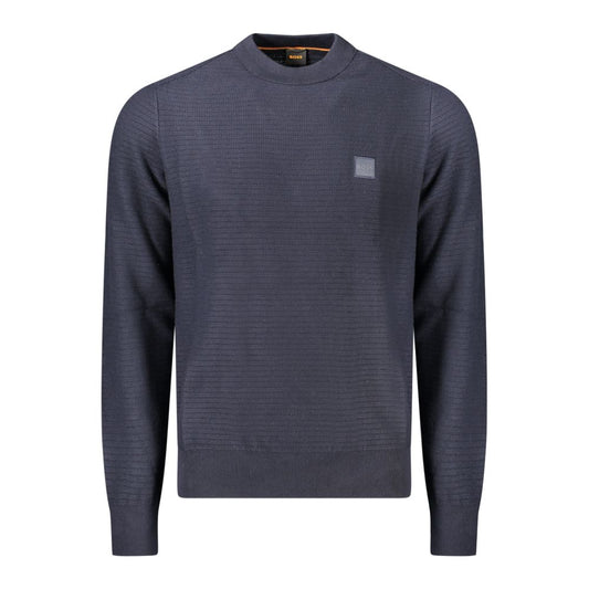 Hugo Boss Blue Cotton Men Sweater, long-sleeved with crew neck and subtle logo, made of 95% cotton and 5% cashmere