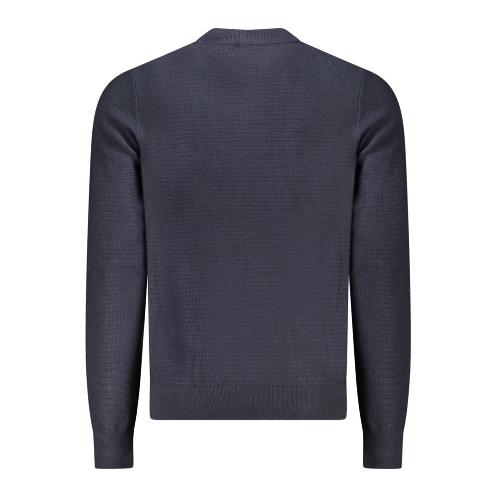 Hugo Boss Blue Cotton Men Sweater, back view showing luxurious cotton and cashmere blend, ideal for modern sophistication.
