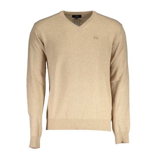 La Martina Beige Wool Men Sweater with V-neck and subtle embroidery on chest, designed for timeless style and elegance.