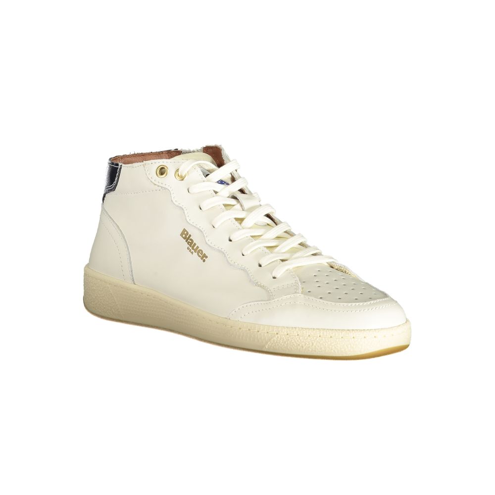 Blauer White Leather Men Sneaker with side zip and laces, featuring removable footbed and signature Blauer logo.