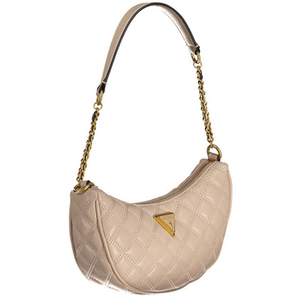 Guess Jeans Beige Polyethylene Handbag with gold chain strap, external pocket, and logo detail, featuring a zip closure and card spaces.