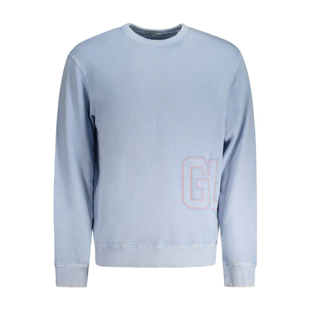 Guess Jeans Blue Cotton Men Sweater with washed effect and embroidered logo, showcasing contemporary fashion style.