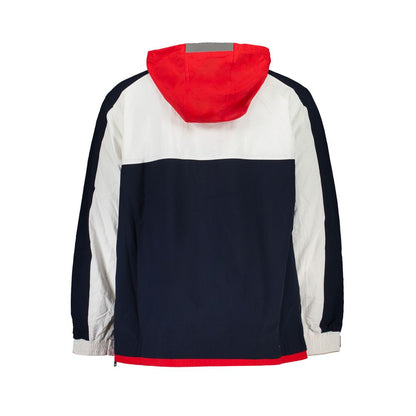 Back view of Tommy Hilfiger Blue Polyamide Men Jacket with red hood and contrast details.