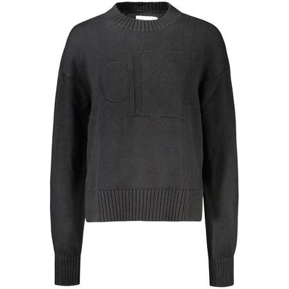 Calvin Klein Black Cotton Women Sweater with elegant embroidery logo, long sleeves, high neck, premium blend of cotton and wool.