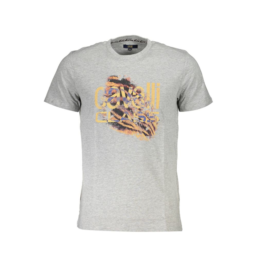 Cavalli Class Brown Cotton Men T-Shirt with bold logo and striking print on gray fabric for stylish comfort
