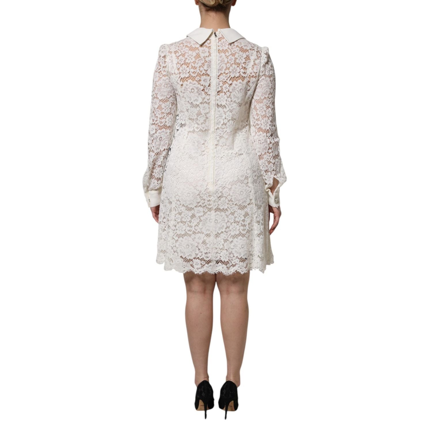 Dolce & Gabbana White Floral Lace Long Sleeves A-line Dress