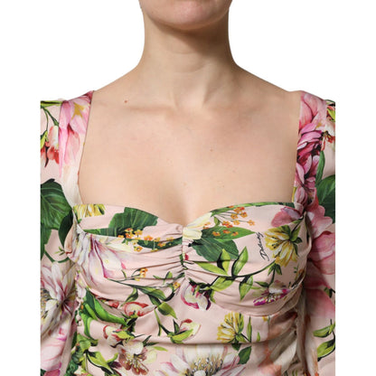 Dolce & Gabbana Pink Floral Silk Fit And Flared Midi Dress