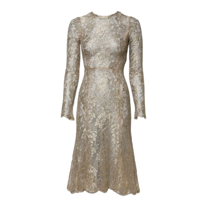 Dolce & Gabbana Gold Floral Lace Long Sleeves Fit & Flare Dress