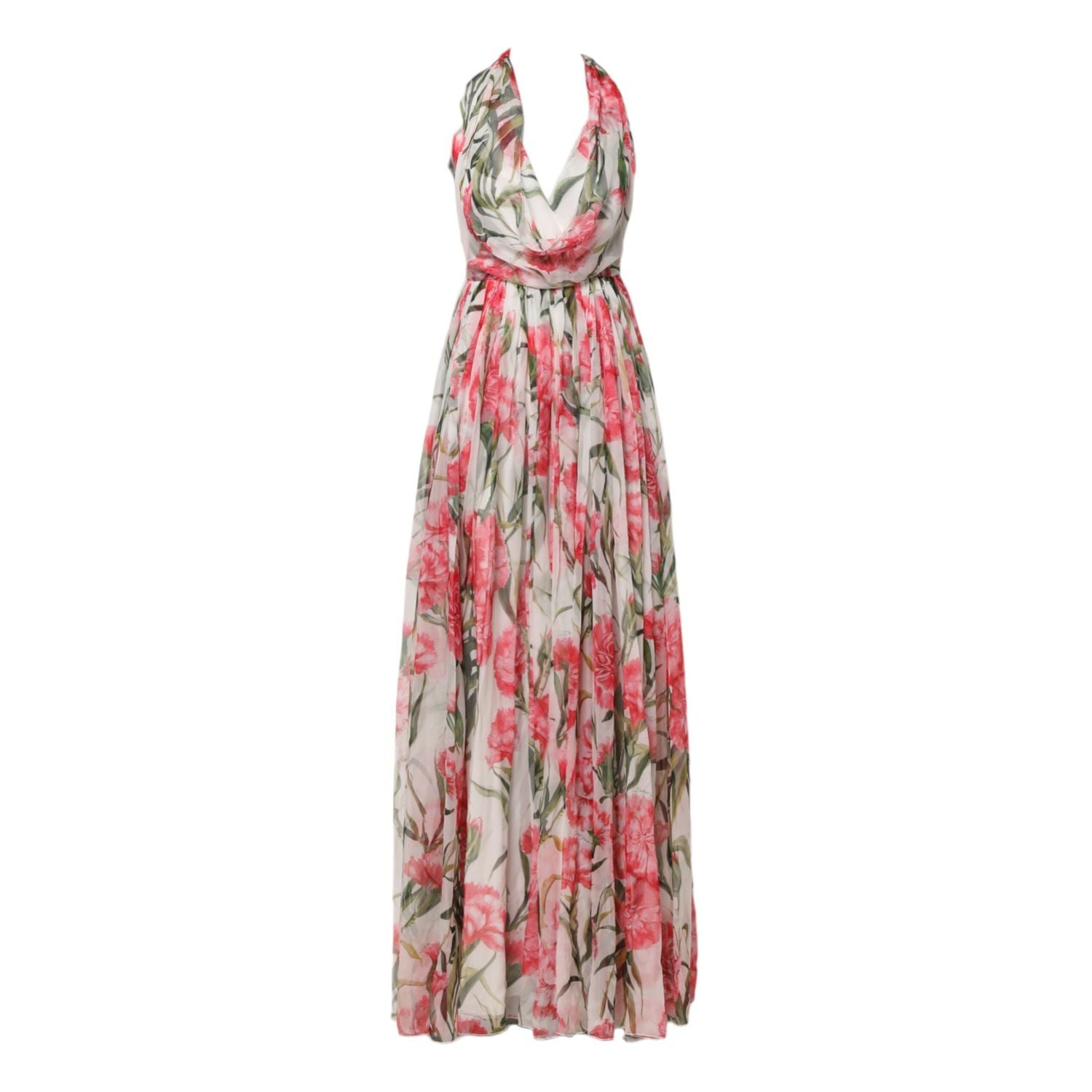 Dolce & Gabbana White Floral Silk Halter A-line Maxi Dress