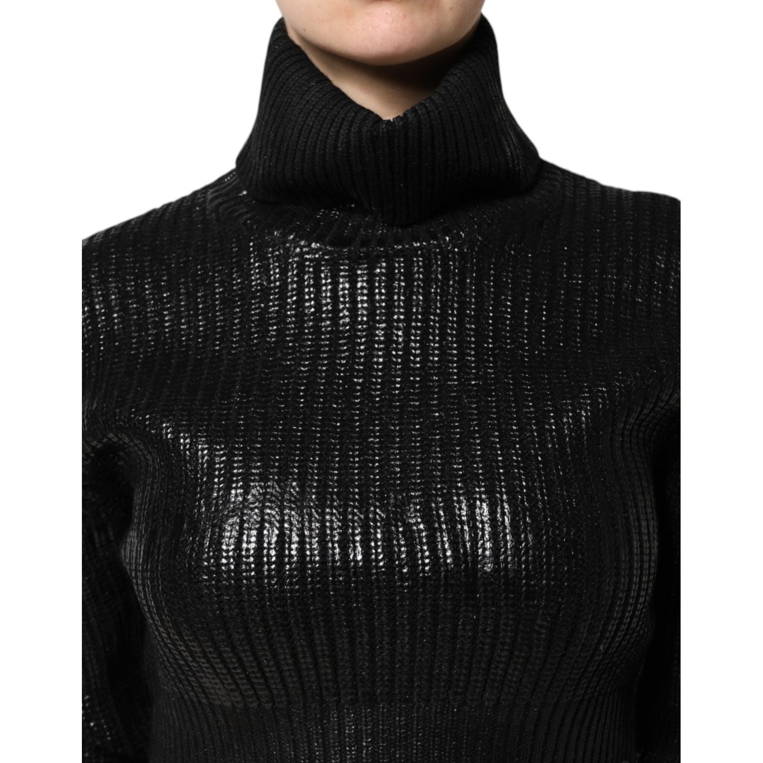 Dolce & Gabbana Black Wool Long Sleeve Turtleneck Cropped Top