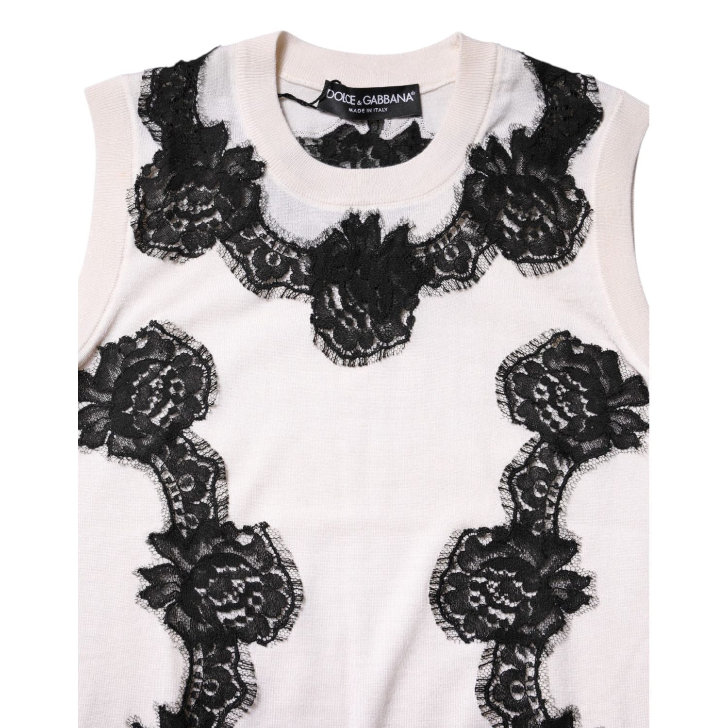 Dolce & Gabbana White Cashmere Floral Lace Detailing Tank Top