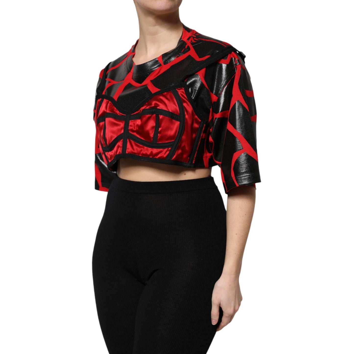 Dolce & Gabbana Red Black Cotton Bustier Detailing Cropped Top