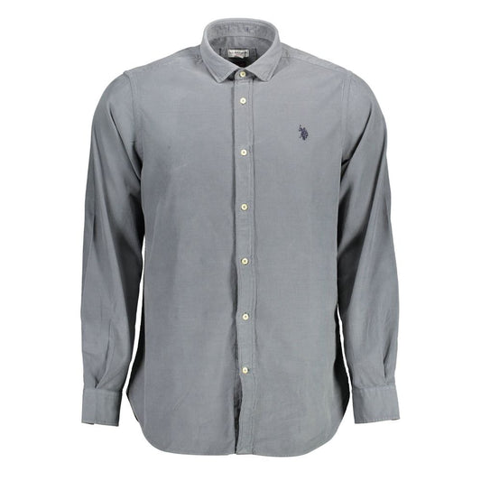 U.S. POLO ASSN. Blue Cotton Men Shirt with French collar and single-button cuffs, featuring iconic embroidery, perfect for sleek style.