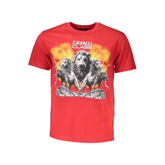 Cavalli Class Red Cotton Men T-Shirt with bold print and iconic logo, short sleeve, crew neck, premium cotton, fashion-forward style.