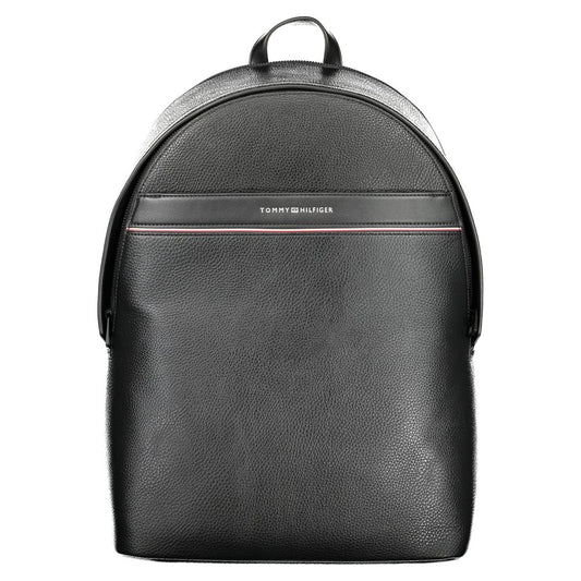 Tommy Hilfiger Black Polyester Men Backpack with sleek design and logo detailing for casual sophistication and organization.