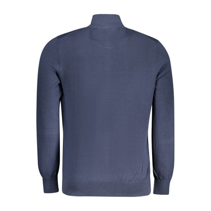 Back view of Timberland Blue Cotton Men Sweater made from organic cotton, featuring a sleek design with iconic logo embroidery.