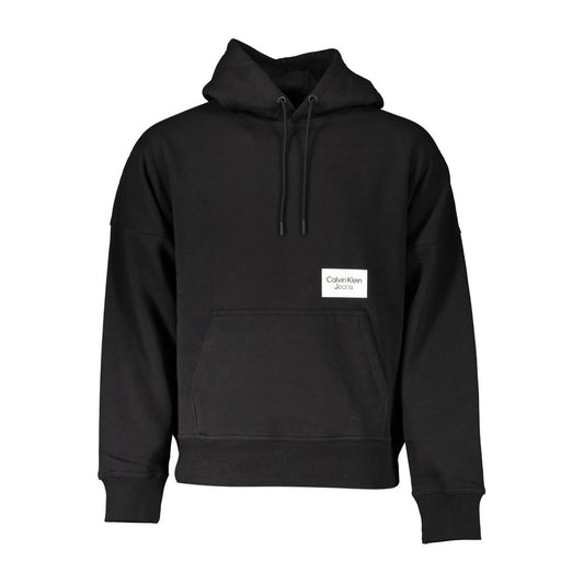 Calvin Klein Black Cotton Men Sweater with hood and logo, featuring central pocket, ideal for modern off-duty style.