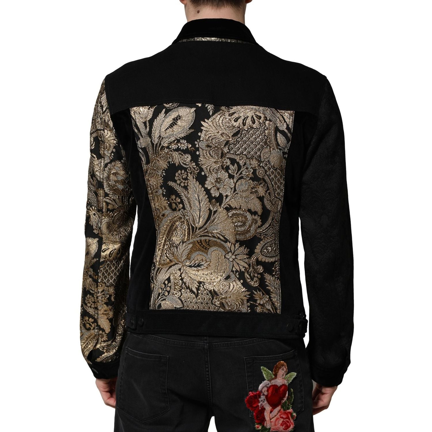Dolce & Gabbana Black Gold Floral Jacquard Men Biker Jacket