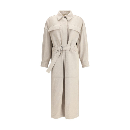 Brunello Cucinelli Beige Wool Coat with adjustable waistband and flap pockets, showcasing timeless elegance and sophisticated style.