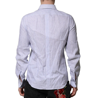 Dolce & Gabbana White Blue Striped Cotton Dress Formal Shirt