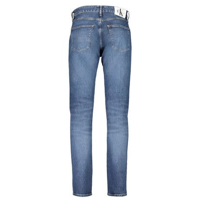Calvin Klein Blue Cotton Men Jeans with classic 5-pocket design and CK logo, crafted from 20% recycled cotton for sustainable fashion.
