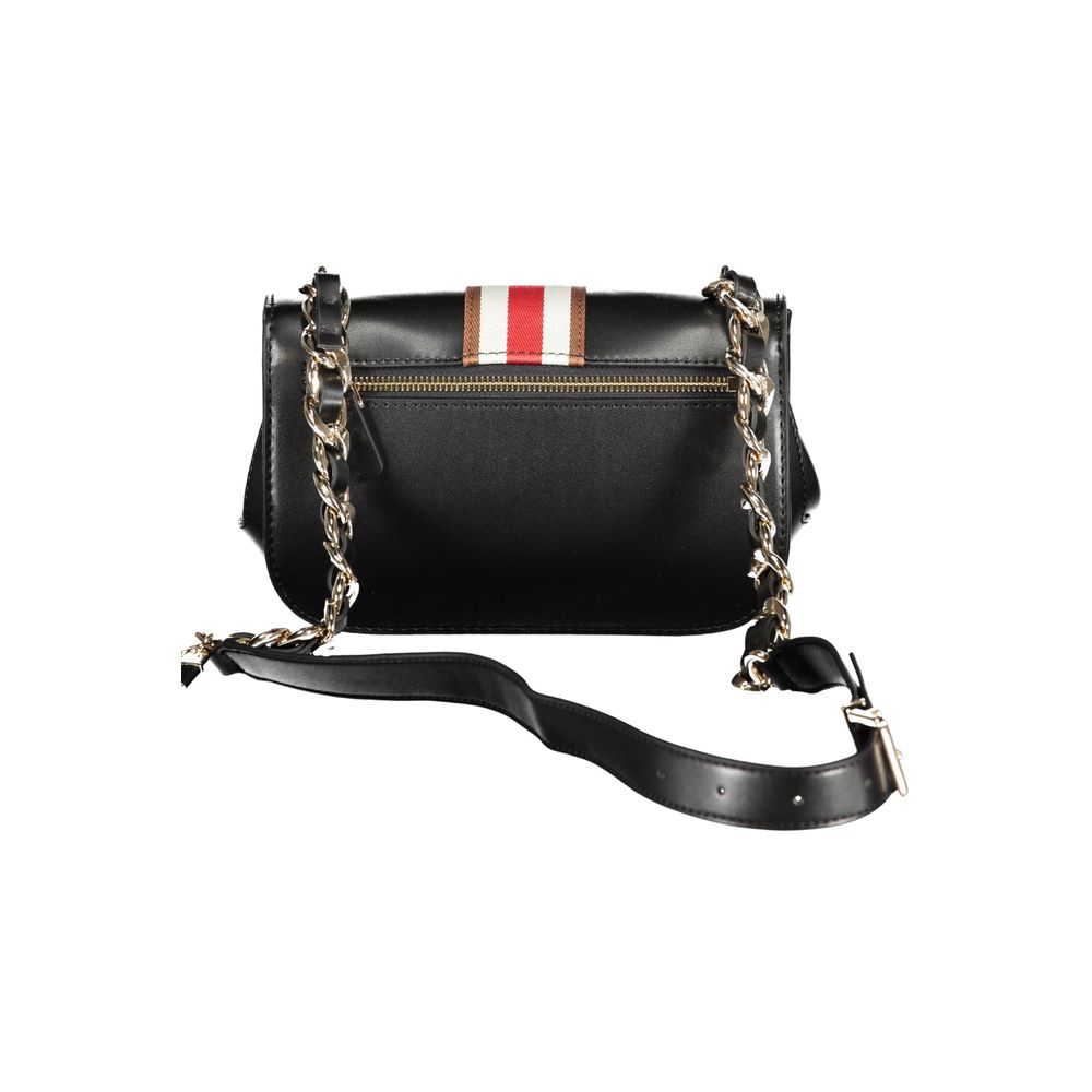 Guess Jeans Black Polyethylene Handbag with adjustable chain strap, external pocket, and logo, featuring snap closure and contrast details.