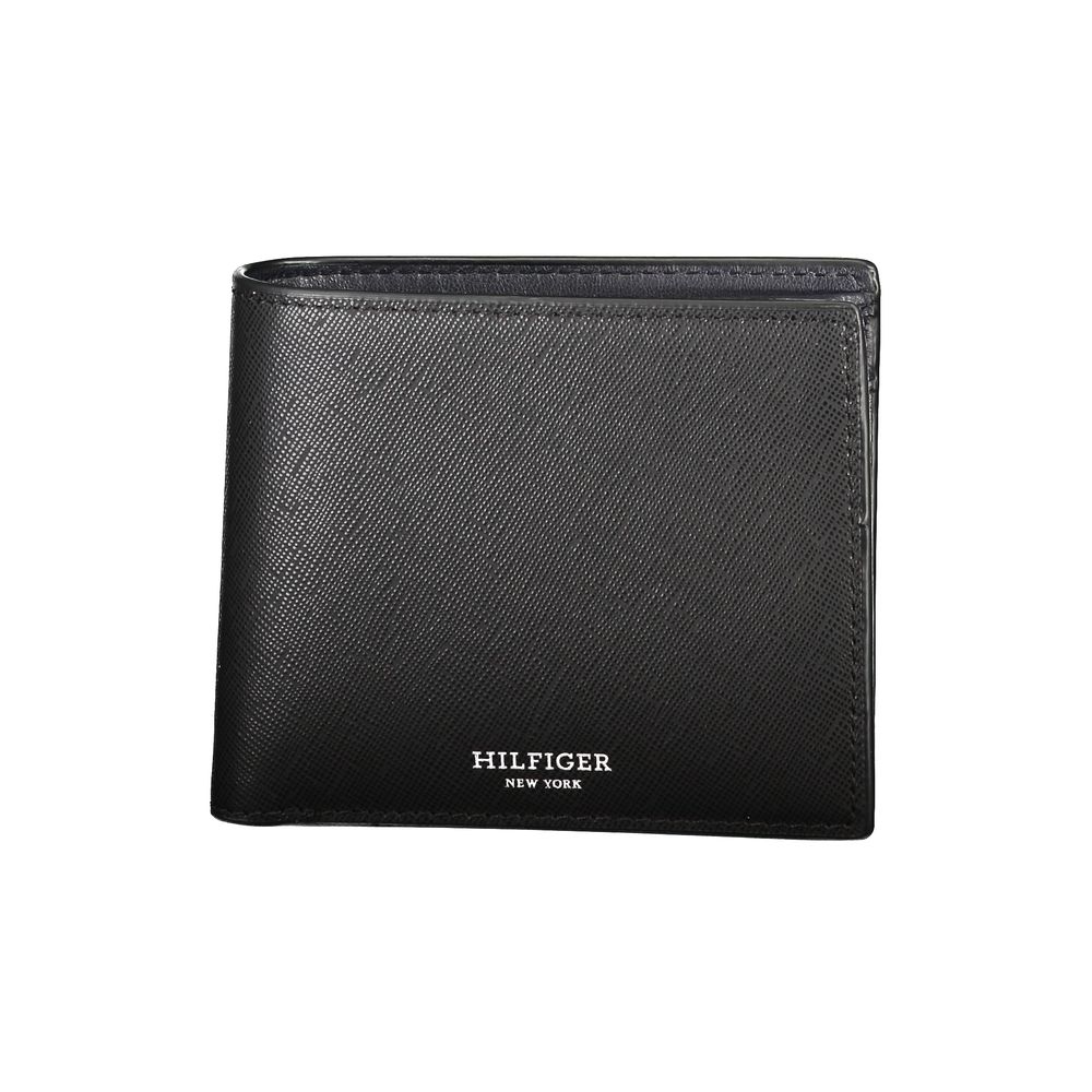 Tommy Hilfiger Black Leather Wallet with 2 compartments, coin purse, card slots, contrast details, and logo branding.