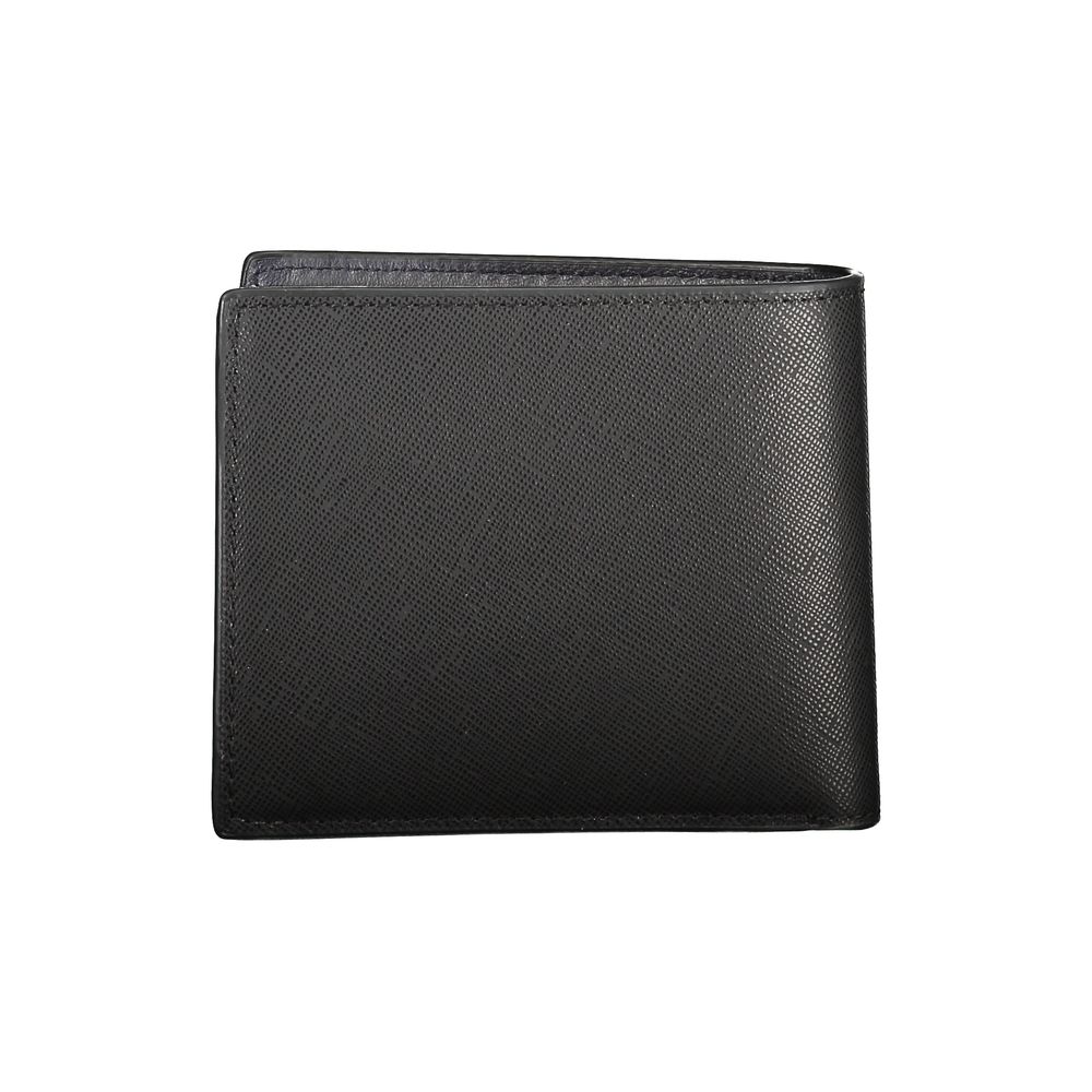 Tommy Hilfiger Black Leather Wallet with compartments, coin purse, card spaces, contrast details, and logo.