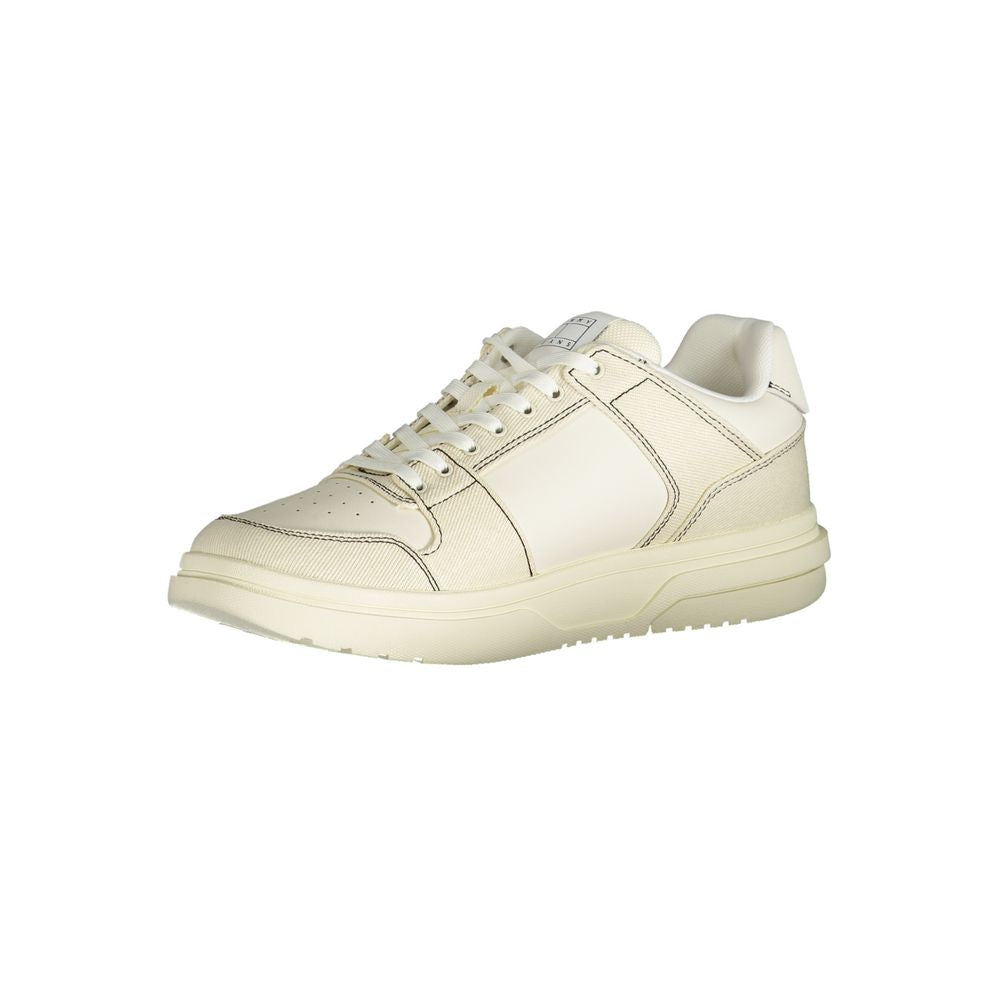 Tommy Hilfiger White Polyester Sneaker with laces, contrast details, and logo on white background.