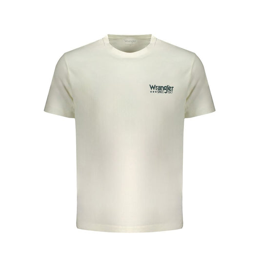 Alt Tag: Wrangler White Cotton T-Shirt, short sleeve crew neck logo tee, front view on white background.