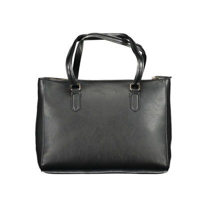 Mario Valentino Black Polyethylene Women Handbag with sleek design and logo on display, featuring zip closure and two internal pockets.