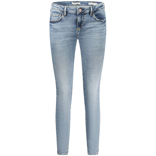 Guess Jeans Blue Cotton Women Jeans with washed effect, skinny fit, 5-pocket design, ideal for stylish and comfortable wear. Iconic Guess logo.