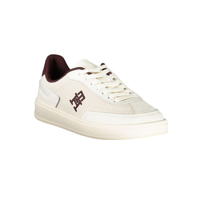 Tommy Hilfiger Beige Leather Women Sneaker with lace-up design and brown accents.