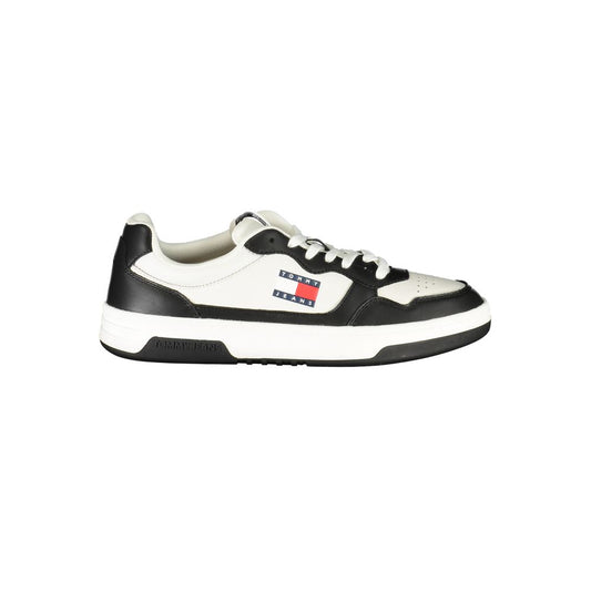 Tommy Hilfiger Black Leather Men Sneaker with white accents and logo on a white background.