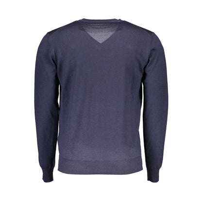 Back view of Harmont & Blaine Blue Wool Men Sweater, showcasing fine Italian craftsmanship and sophisticated style in wool fabric.