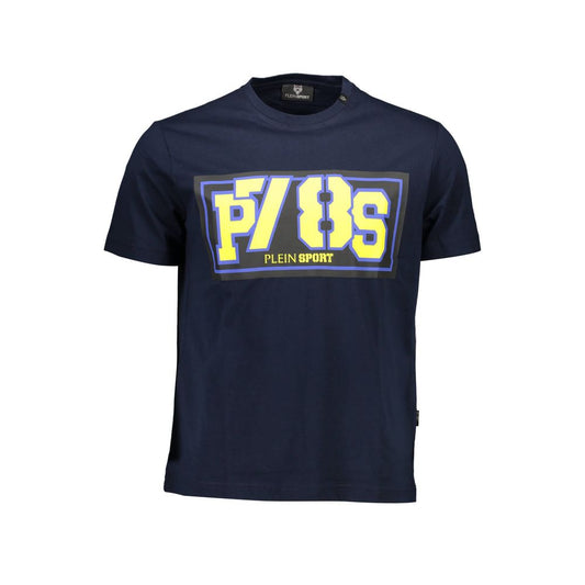 Plein Sport Blue Cotton Men T-Shirt with bold print and logo, fashion-forward short-sleeved top for stylish men.