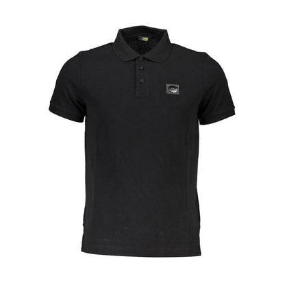 Cavalli Class Black Cotton Men Polo Shirt with logo and three-button placket, showcasing a trendy yet classic style.