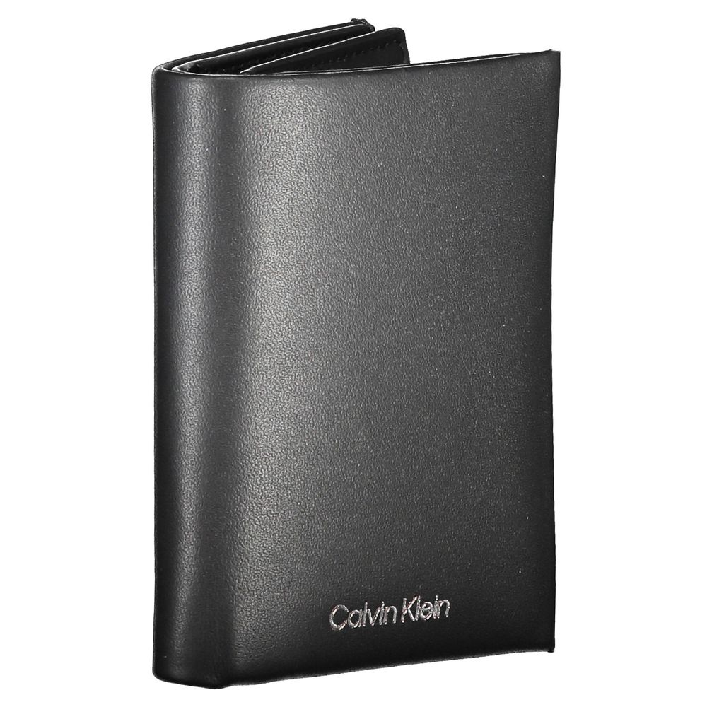 Calvin Klein Black Leather Men Wallet with RFID protection, featuring elegant design and durable construction for secure card and coin storage.