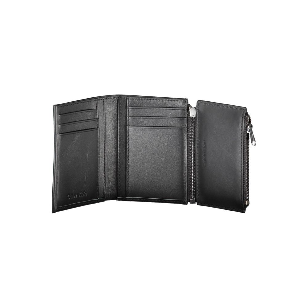 Calvin Klein Black Leather Men Wallet open showing compartments and zipper coin purse, designed for style, security, and RFID protection.