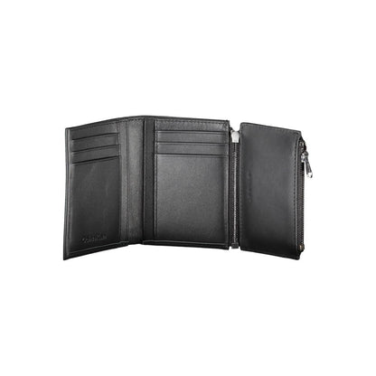 Calvin Klein Black Leather Men Wallet open showing compartments and zipper coin purse, designed for style, security, and RFID protection.