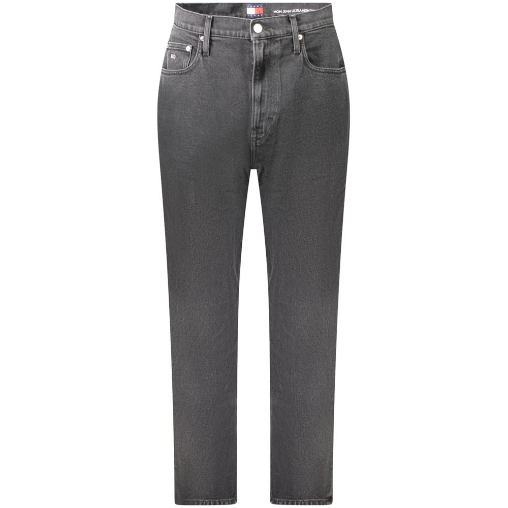 Tommy Hilfiger Black Cotton Women Jeans with high tapered fit, sustainable denim, and iconic logo embroidery.