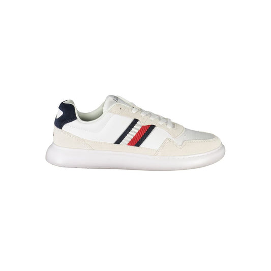 Tommy Hilfiger White Leather Men Sneaker with embroidered logo and removable footbed for comfort and style, side profile view.