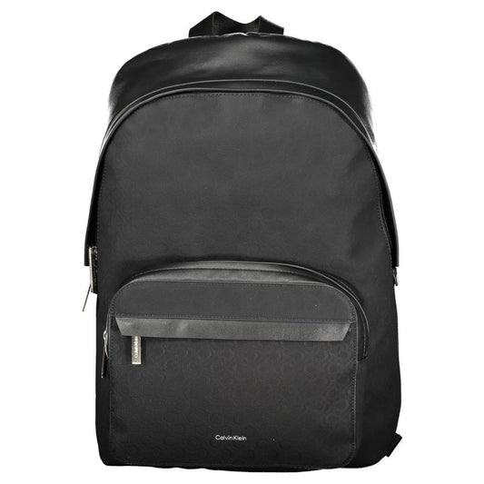 Calvin Klein Black Polyester Men Backpack with external pocket, dedicated laptop compartment, and sleek design. Ideal for stylish urbanites.