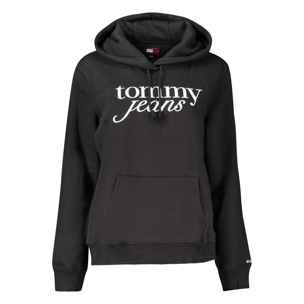 Tommy Hilfiger Black Cotton Women Sweater with hood and pocket displaying the brand logo for style and comfort.