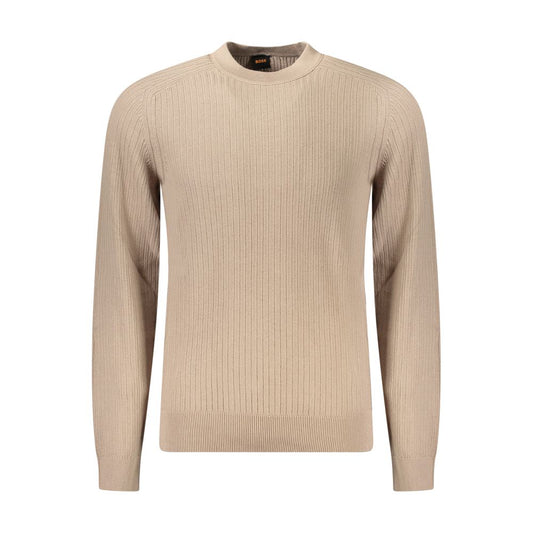 Hugo Boss Beige Cotton Men Sweater with long sleeves, crew neck, luxury logo detail, tailored from soft 100% cotton for sophisticated style.