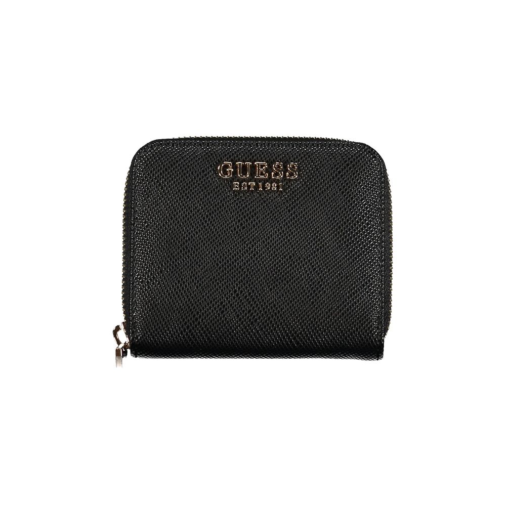Alt Tag: Guess Jeans Black Polyethylene Wallet with coin purse, card spaces, contrasting details, and zip closure featuring logo