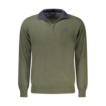 North Sails Green Wool Men Sweater with half-zip design and embroidery logo, offering a blend of luxury, warmth, and sporty elegance.
