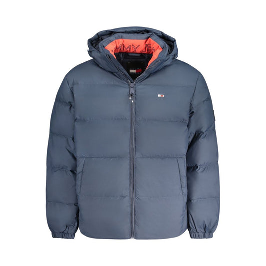 Tommy Hilfiger Blue Recycled Polyester Men's Jacket with removable hood and zip closure, showcasing sustainable fashion.