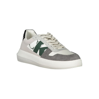 Calvin Klein White Polyethylene Men Sneaker with lace-up design and grey-green-black detailing.
