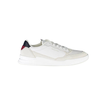 Tommy Hilfiger White Polyester Men Sneaker with contrasting details on a clean white background made from recycled materials